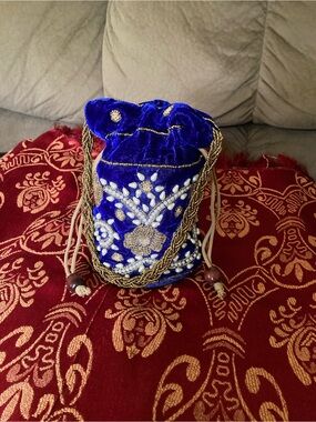Royal Blue Embellished Velvet Drawstring Mini Bag
